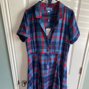 UK Size 16 Collectif Vintage Blue and Red Dress with Belt